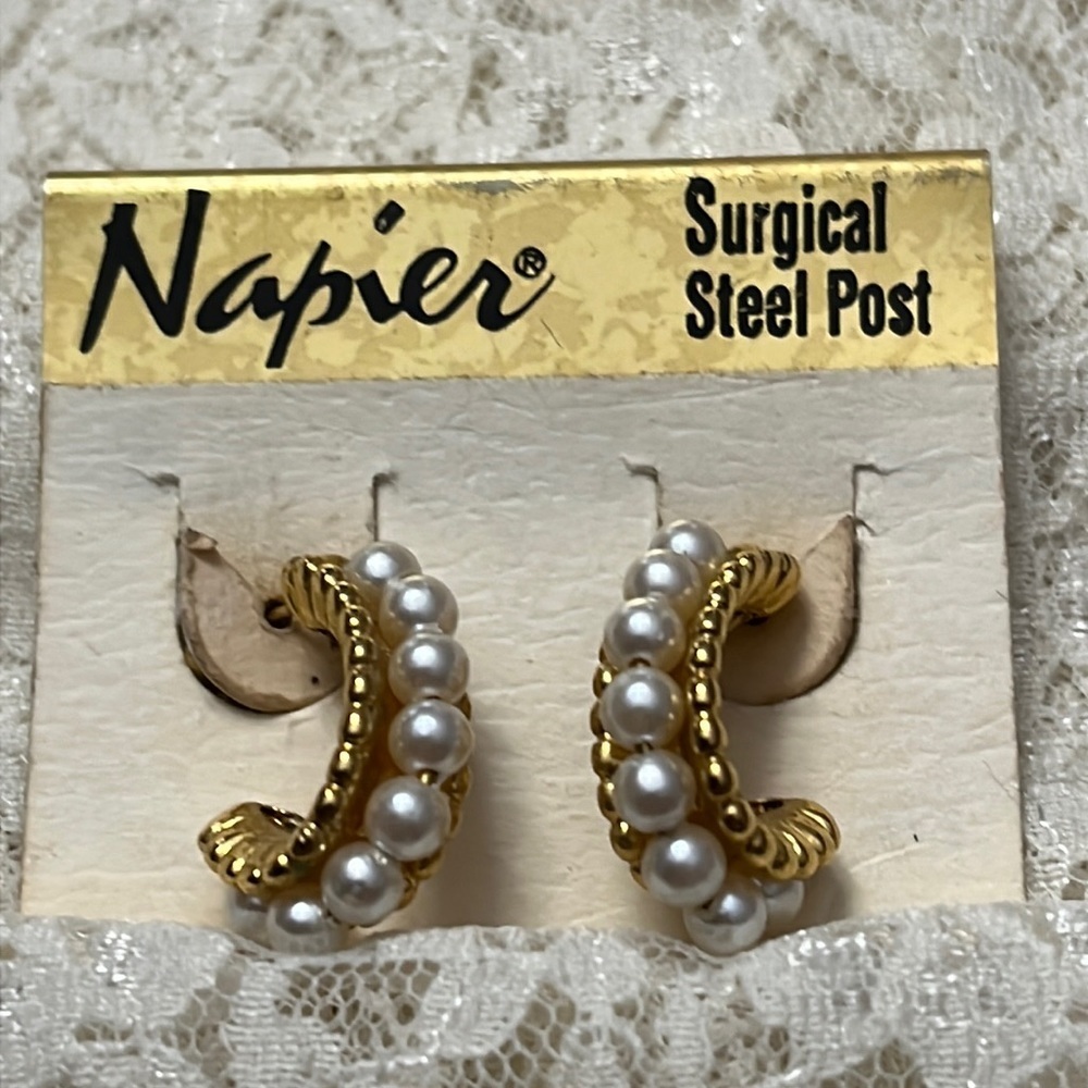Napier/vintage gold and faux pearl hoop earrings